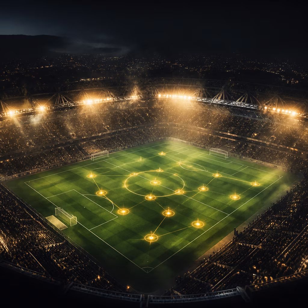 Estadio de fútbol iluminado al atardecer